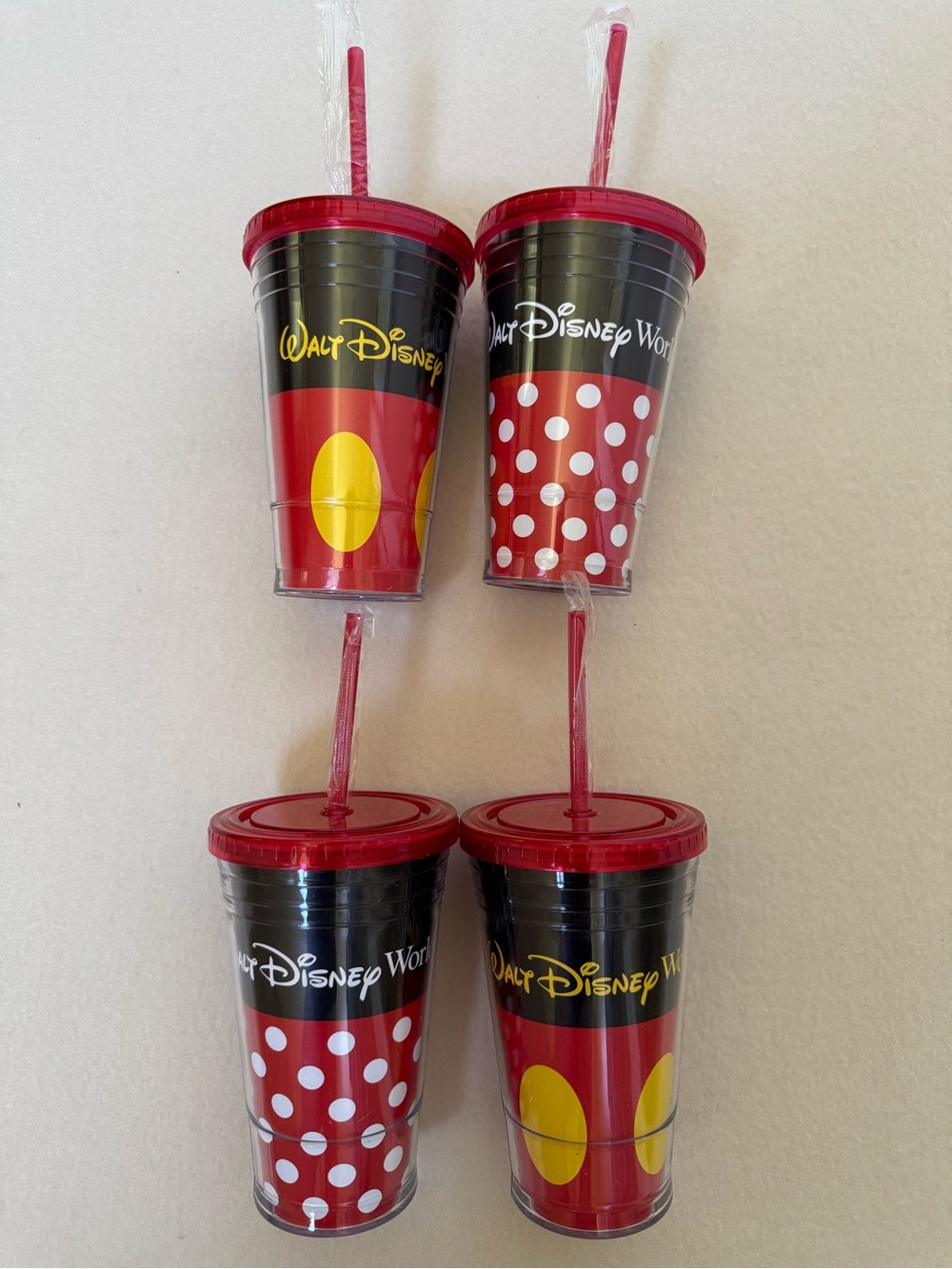 Set of 4 Walt Disney World 16oz Double Wall Construction Tumblers with Straw